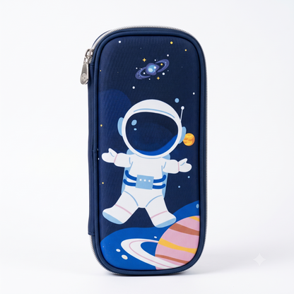 CuddleNest Kids Space Astronaut Fabric Pencil Pouch – Multi-Slot School Stationery Organiser (Dark Blue)