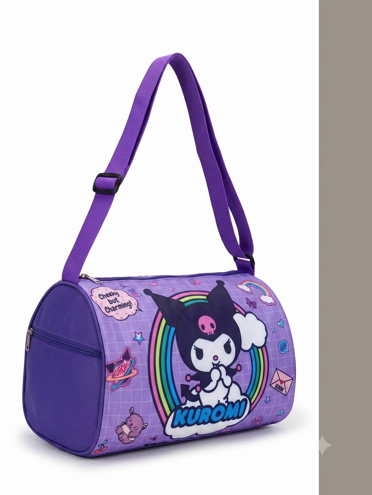 CuddleNest Kuromi "Cheeky but Charming" Kids Purple Barrel Duffle Bag (30 x 20 x 20 cm)