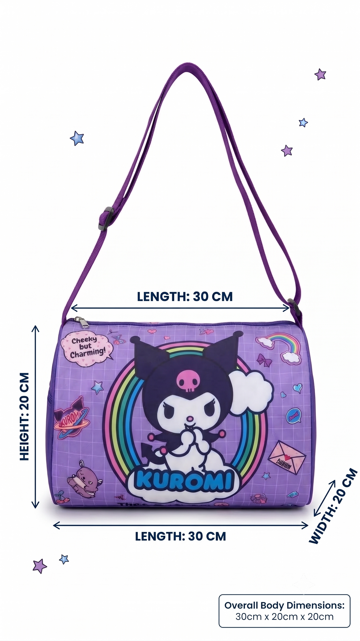 CuddleNest Kuromi "Cheeky but Charming" Kids Purple Barrel Duffle Bag (30 x 20 x 20 cm)