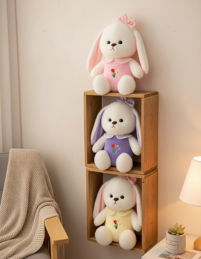 White Plush Bunny Soft Toy, Dress with Tulip Design, 35 cm, Stuffed Animal with Floppy Ears and Ribbon, for Kids