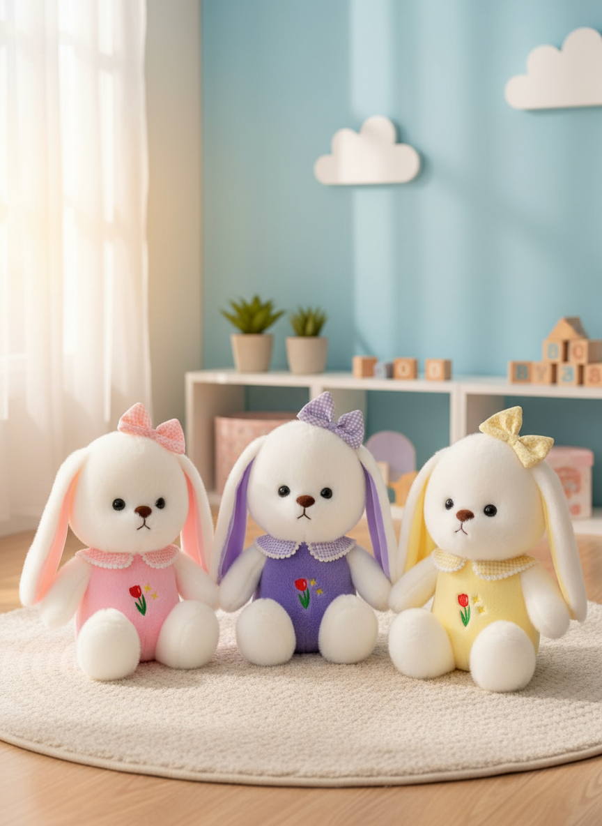 White Plush Bunny Soft Toy, Dress with Tulip Design, 35 cm, Stuffed Animal with Floppy Ears and Ribbon, for Kids
