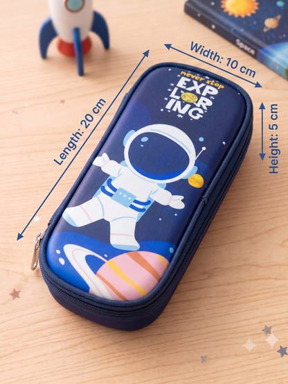 CuddleNest Kids Space Astronaut Fabric Pencil Pouch – Multi-Slot School Stationery Organiser (Dark Blue)