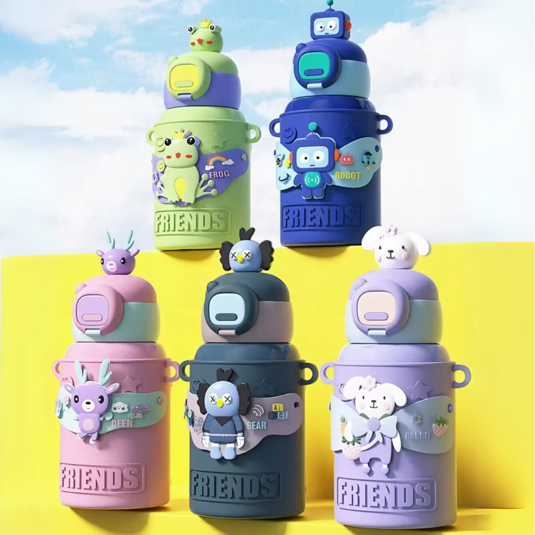Cute Frog Friends Kids Water Bottle – 450ml, Vacuum Insulated, Leak-Proof, Steel Inside with Straw & Sipper – Ideal for School, Playdates & Gifting