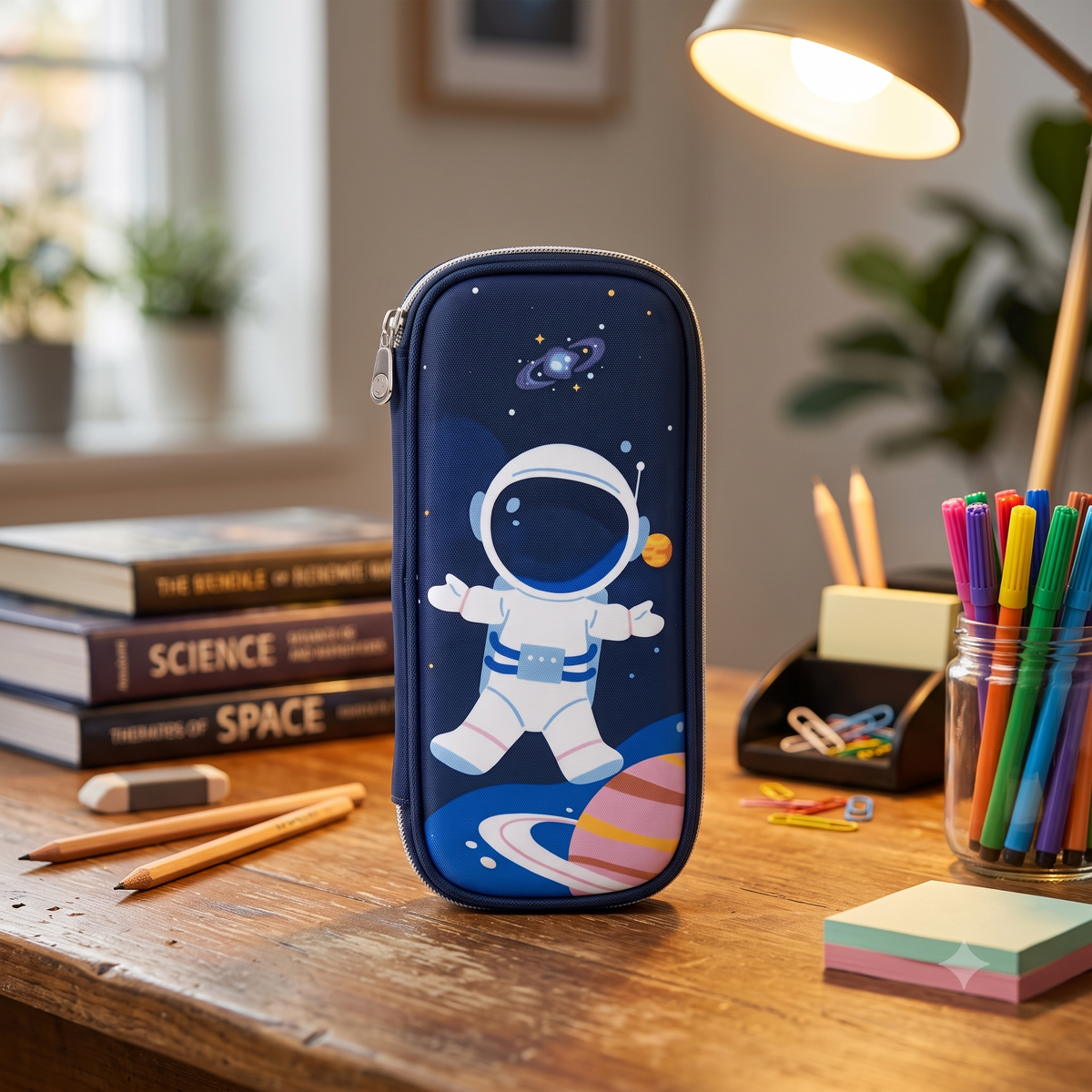 CuddleNest Kids Space Astronaut Fabric Pencil Pouch – Multi-Slot School Stationery Organiser (Dark Blue)