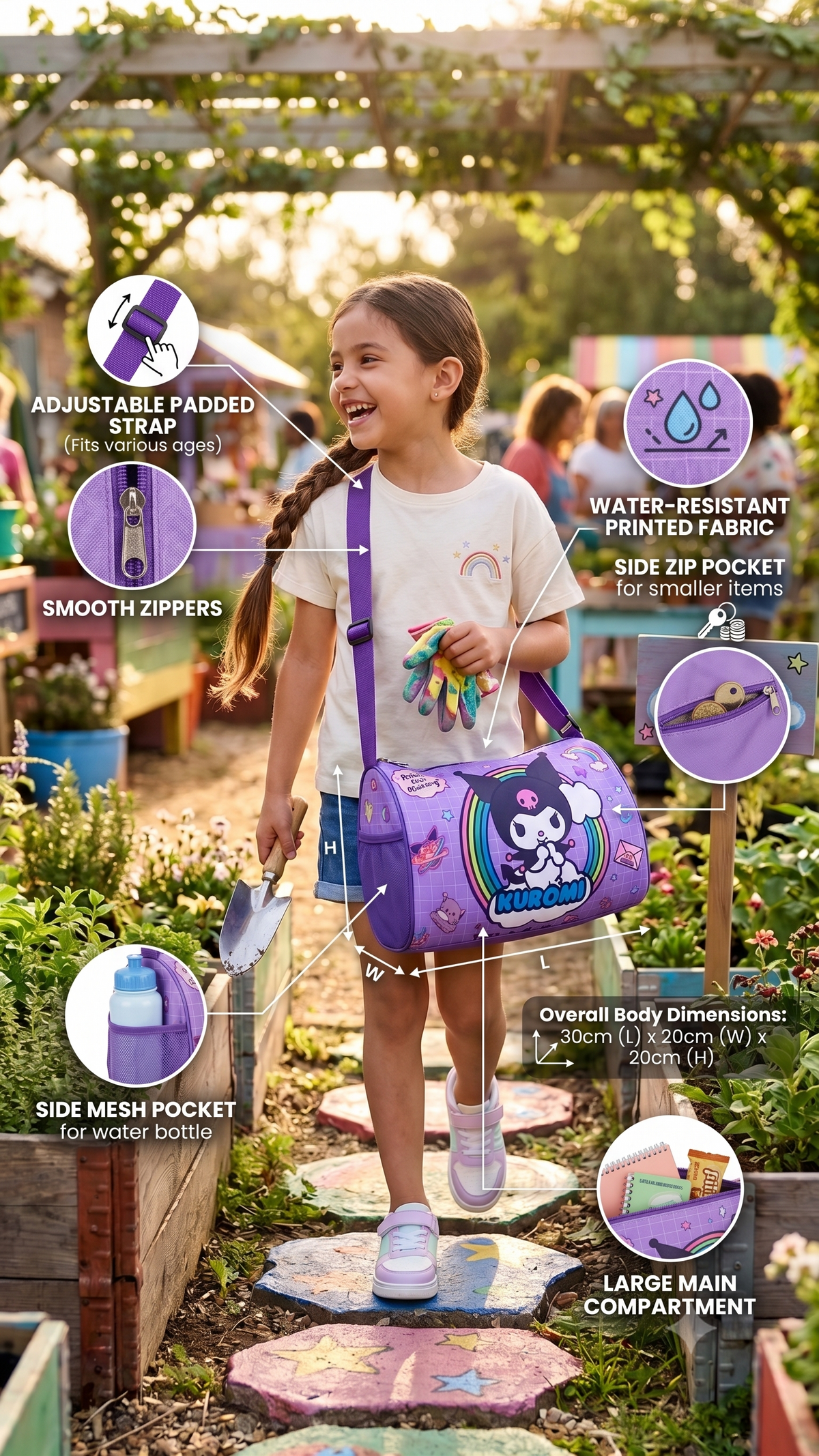 CuddleNest Kuromi "Cheeky but Charming" Kids Purple Barrel Duffle Bag (30 x 20 x 20 cm)