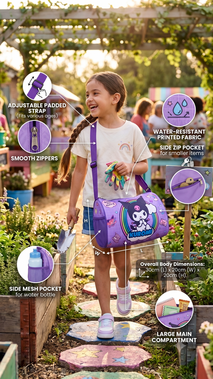 CuddleNest Kuromi "Cheeky but Charming" Kids Purple Barrel Duffle Bag (30 x 20 x 20 cm)