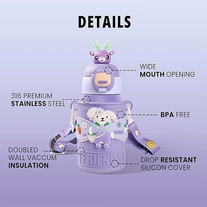 Adorable purple rabbit design stainless steel water bottle