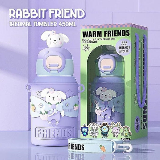Cute purple rabbit kids water bottle 450ml vacuum insulated
