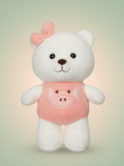CuddleNest Plush Strawberry Lily Teddy Bear | White & Pink Soft Stuffed Toy with Ribbon for Kids & Girls | 35 CM