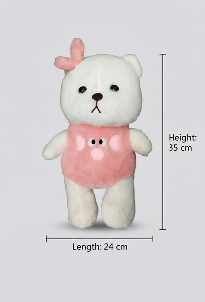 CuddleNest Plush Strawberry Lily Teddy Bear | White & Pink Soft Stuffed Toy with Ribbon for Kids & Girls | 35 CM