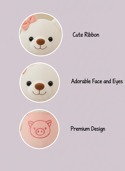 CuddleNest Plush Strawberry Lily Teddy Bear | White & Pink Soft Stuffed Toy with Ribbon for Kids & Girls | 35 CM
