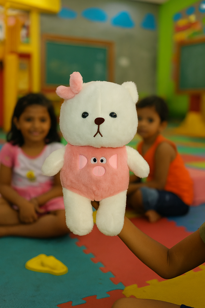 CuddleNest Plush Strawberry Lily Teddy Bear | White & Pink Soft Stuffed Toy with Ribbon for Kids & Girls | 35 CM