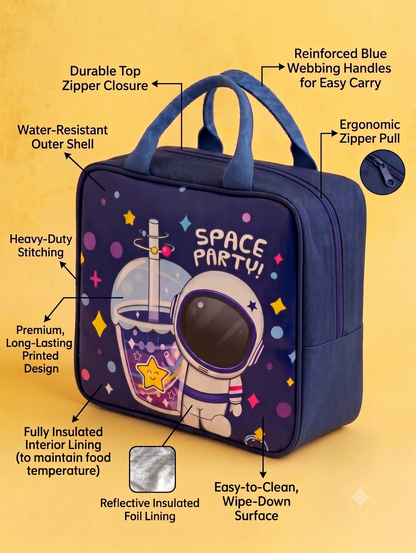 CuddleNest Kids Insulated Lunch Bag – Thermal Tiffin Bag with Back Zipper Pocket (5L Capacity) | Astronaut, Unicorn, Kuromi & Mermaid Prints