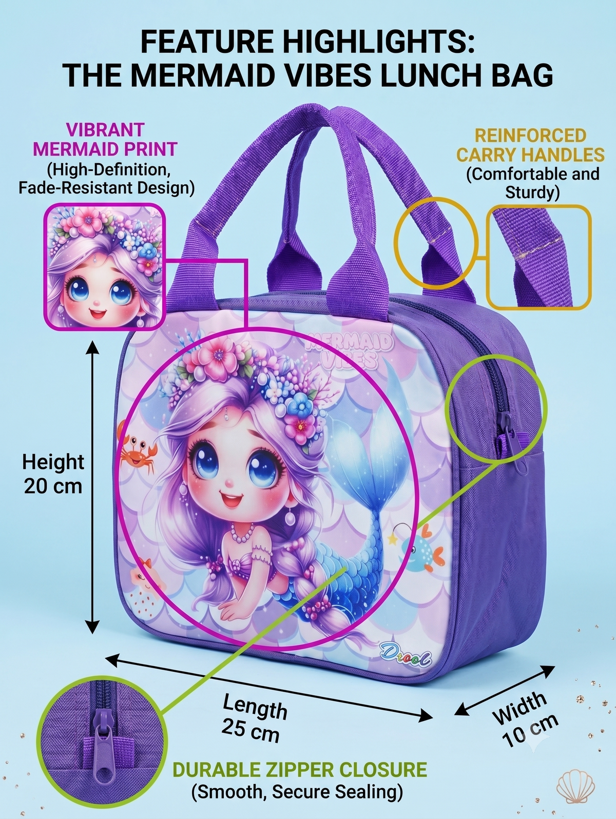 CuddleNest Kids Insulated Lunch Bag – Thermal Tiffin Bag with Back Zipper Pocket (5L Capacity) | Astronaut, Unicorn, Kuromi & Mermaid Prints