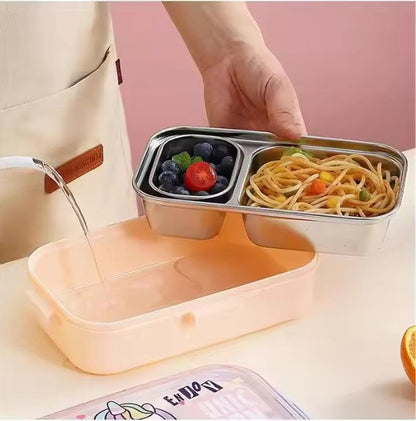 Green Dino Kids Stainless Steel Lunch Box | 700ml + 100ml Soup Bowl | Leak-Proof | 4-Lock Anti-Spill Design | Heat Insulation | Kids Tiffin Box for School & Travel
