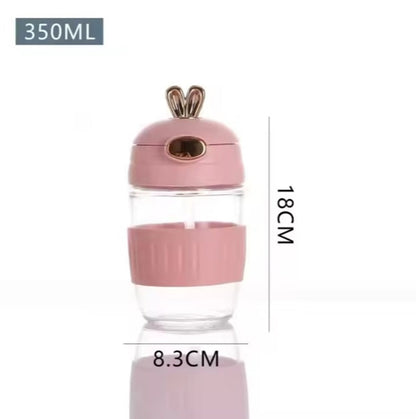 Adorable Rabbit Double Drinking Cup – Glass Mug with Straw & Lid | Portable & Leakproof