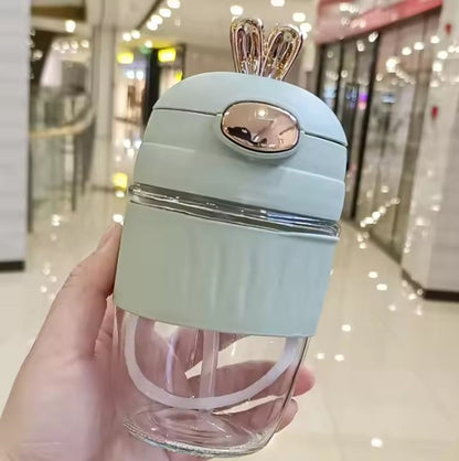 Adorable Rabbit Double Drinking Cup – Glass Mug with Straw & Lid | Portable & Leakproof
