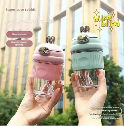 Adorable Rabbit Double Drinking Cup – Glass Mug with Straw & Lid | Portable & Leakproof