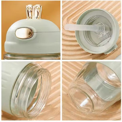 Adorable Rabbit Double Drinking Cup – Glass Mug with Straw & Lid | Portable & Leakproof