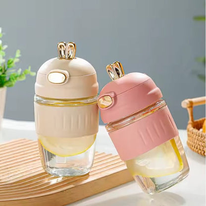 Adorable Rabbit Double Drinking Cup – Glass Mug with Straw & Lid | Portable & Leakproof