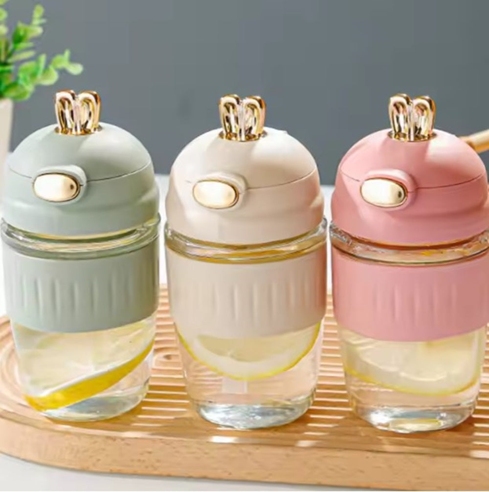 Adorable Rabbit Double Drinking Cup – Glass Mug with Straw & Lid | Portable & Leakproof