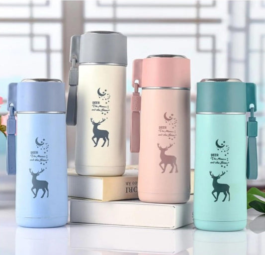 Eco-Friendly Deer Print Glass Water Bottle – 380ml | Leakproof, Wide Mouth, for School & Outdoor Use