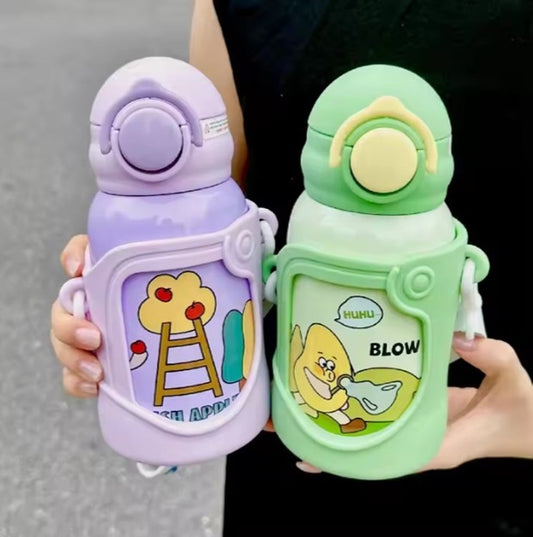 Stainless Steel Kids Water Bottle – 500ml | Double Wall, Straw Lid, Cartoon Print