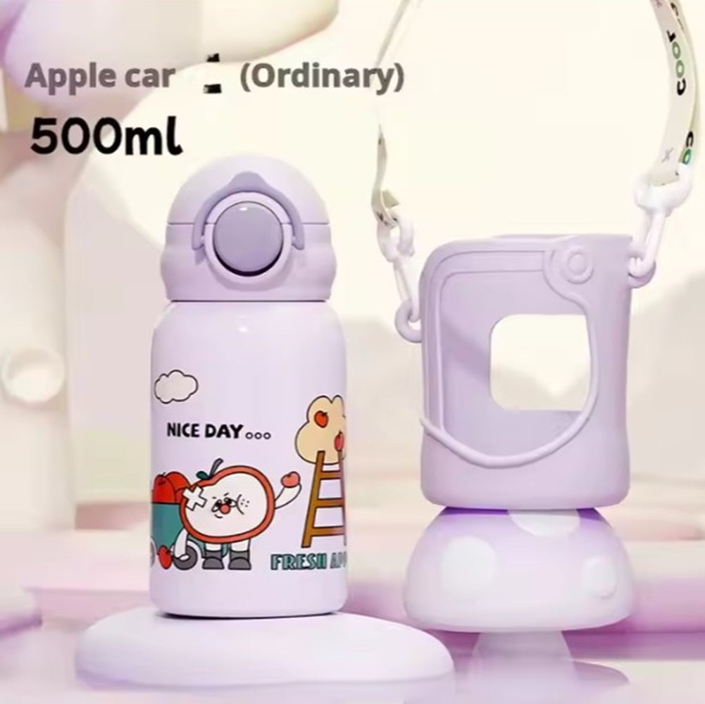 Stainless Steel Kids Water Bottle – 500ml | Double Wall, Straw Lid, Cartoon Print