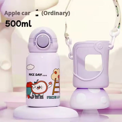 Stainless Steel Kids Water Bottle – 500ml | Double Wall, Straw Lid, Cartoon Print