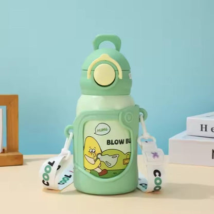 Stainless Steel Kids Water Bottle – 500ml | Double Wall, Straw Lid, Cartoon Print