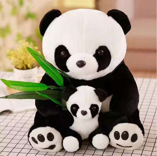 CuddleNest Cuddly Panda Mom and Baby Plush Toy Set – Soft Hugging Stuffed Animals with Bamboo Accent