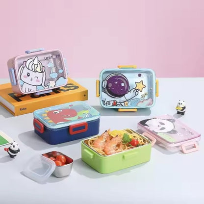 CuddleNest Kids Cartoon Lunch Box – 600ml + 100ml Stainless Steel Tiffin with Extra Bowl | Leakproof, BPA-Free & Cute Designs (Dino, Unicorn, Panda, Space)