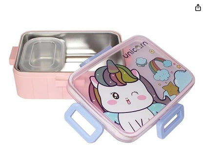 CuddleNest Kids Cartoon Lunch Box – 600ml + 100ml Stainless Steel Tiffin with Extra Bowl | Leakproof, BPA-Free & Cute Designs (Dino, Unicorn, Panda, Space)