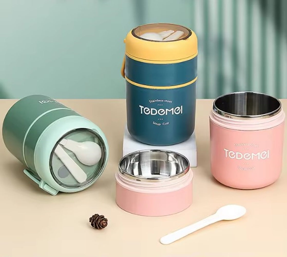 CuddleNest Insulated Stainless Steel Soup Cup Lunch Box 710 ml | Leakproof 2 Compartment Food Jar with Spoon for Office, School and Travel