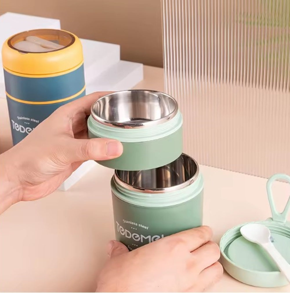 CuddleNest Insulated Stainless Steel Soup Cup Lunch Box 710 ml | Leakproof 2 Compartment Food Jar with Spoon for Office, School and Travel