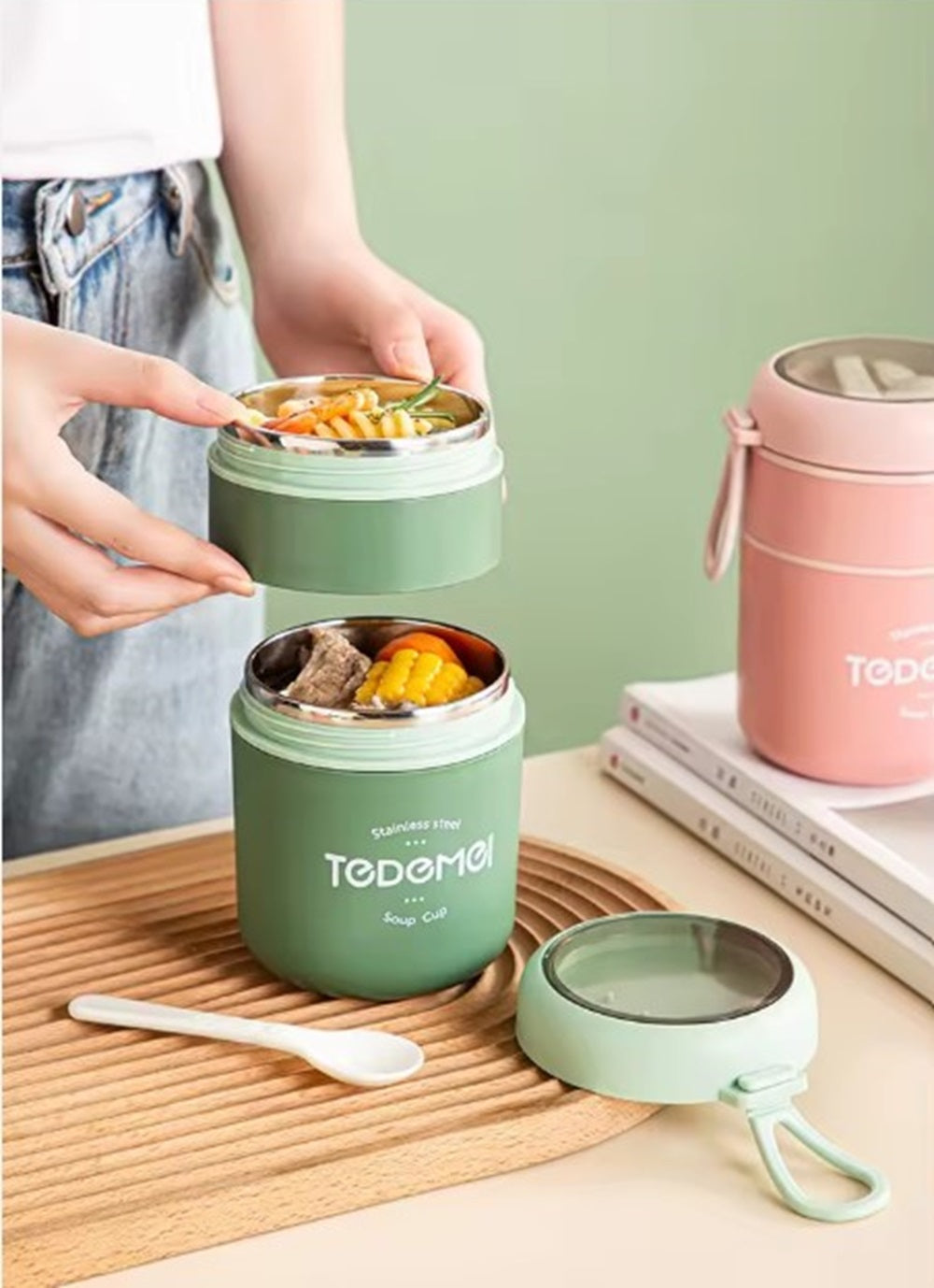 CuddleNest Insulated Stainless Steel Soup Cup Lunch Box 710 ml | Leakproof 2 Compartment Food Jar with Spoon for Office, School and Travel