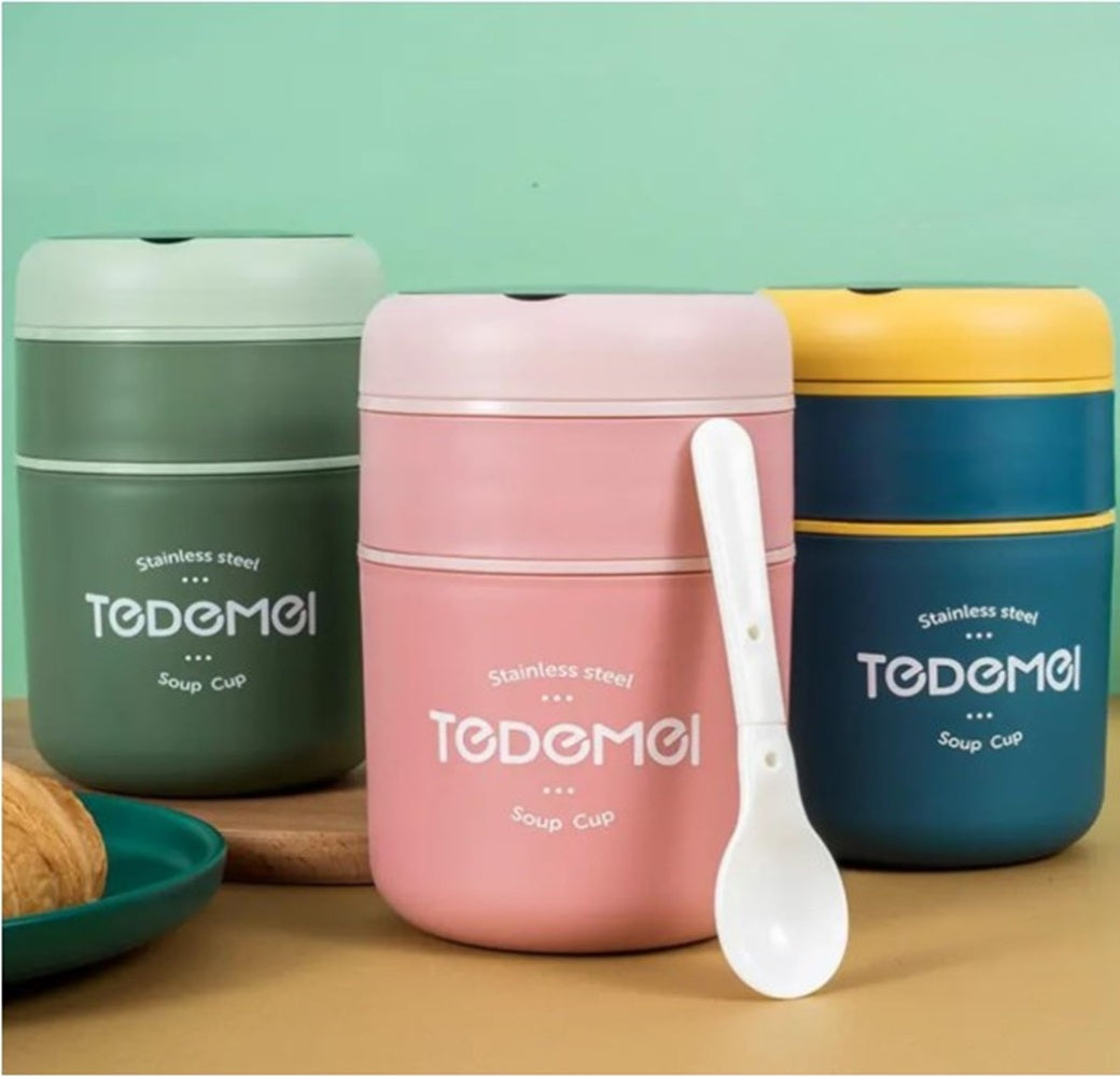 CuddleNest Insulated Stainless Steel Soup Cup Lunch Box 710 ml | Leakproof 2 Compartment Food Jar with Spoon for Office, School and Travel