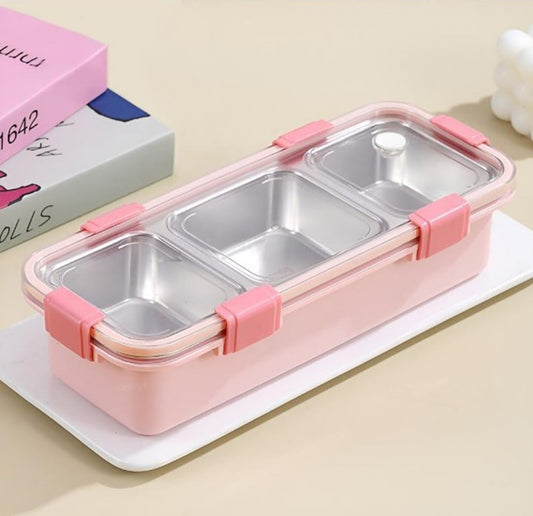 CuddleNest Premium 3-Compartment Stainless Steel Snack Box | Leak-Proof & BPA-Free Solid Food Container | Dishwasher Safe | Perfect for Kids, School, Office & Travel (650ml)