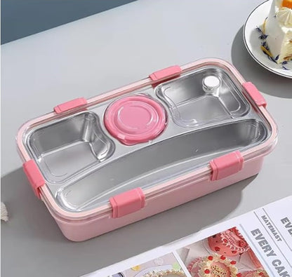 CuddleNest 3 Compartment Stainless Steel Lunch Box with Extra Sauce Bowl | Leakproof Bento Tiffin for Kids & Office | Durable, Cute, Easy-to-Carry Lunch Container