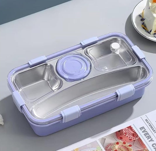 CuddleNest 3 Compartment Stainless Steel Lunch Box with Extra Sauce Bowl | Leakproof Bento Tiffin for Kids & Office | Durable, Cute, Easy-to-Carry Lunch Container