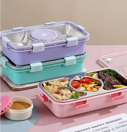 CuddleNest Stainless Steel Lunch Box with 3 Compartments (650ml + 150ml), Spoon & Chopsticks | Leakproof Thermal Tiffin for Kids & Office