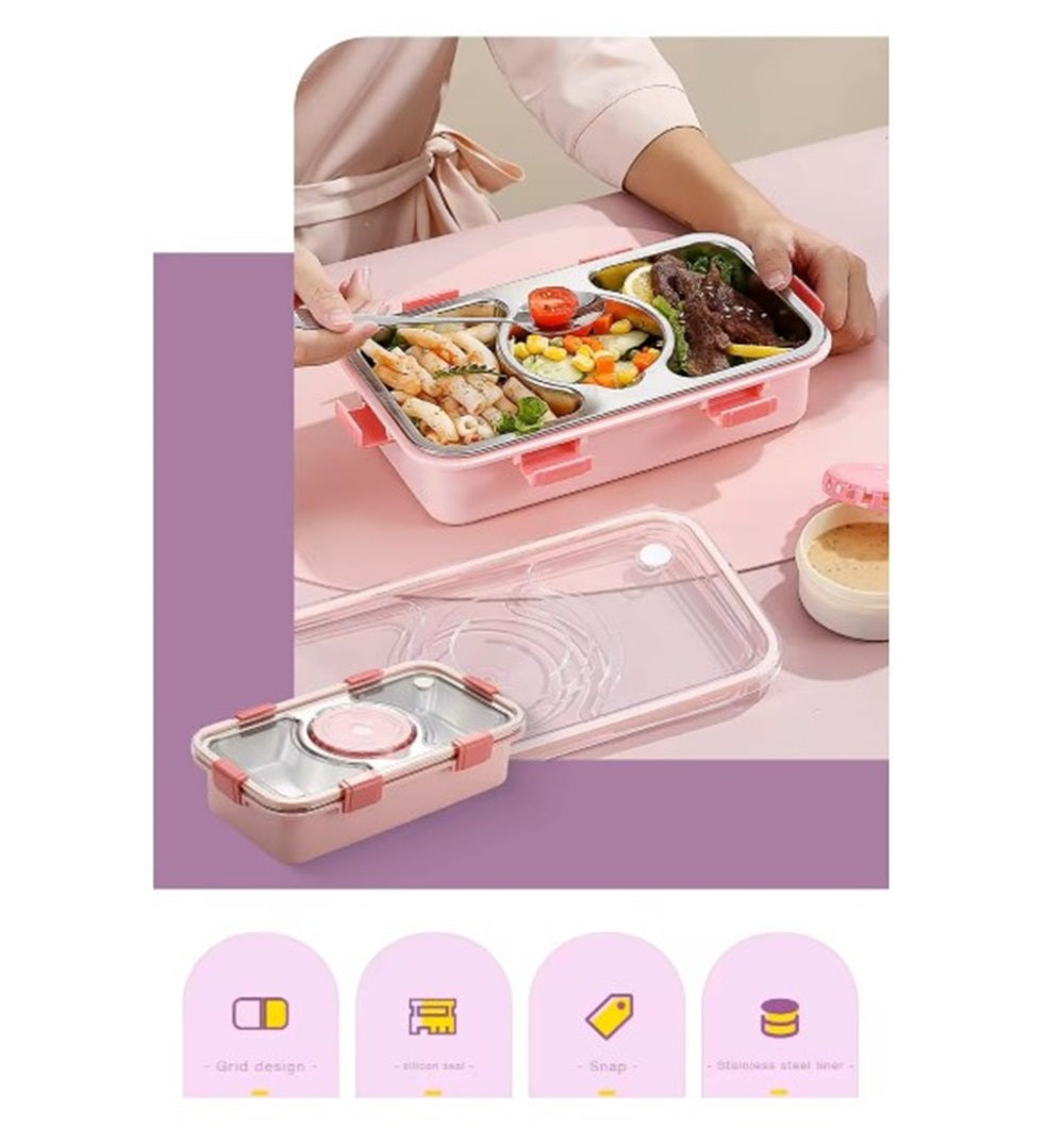 CuddleNest Stainless Steel Lunch Box with 3 Compartments (650ml + 150ml), Spoon & Chopsticks | Leakproof Thermal Tiffin for Kids & Office