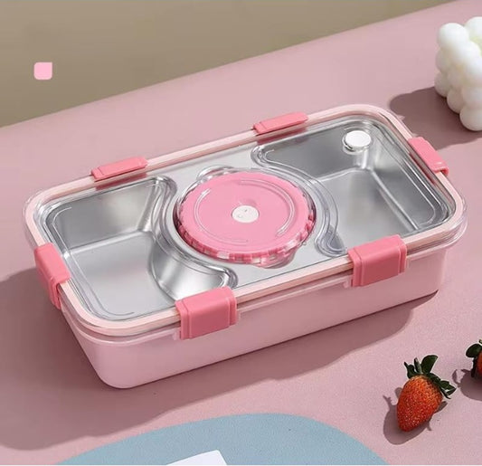 CuddleNest Stainless Steel Lunch Box with 3 Compartments (650ml + 150ml), Spoon & Chopsticks | Leakproof Thermal Tiffin for Kids & Office