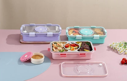 CuddleNest Stainless Steel Lunch Box with 3 Compartments (650ml + 150ml), Spoon & Chopsticks | Leakproof Thermal Tiffin for Kids & Office