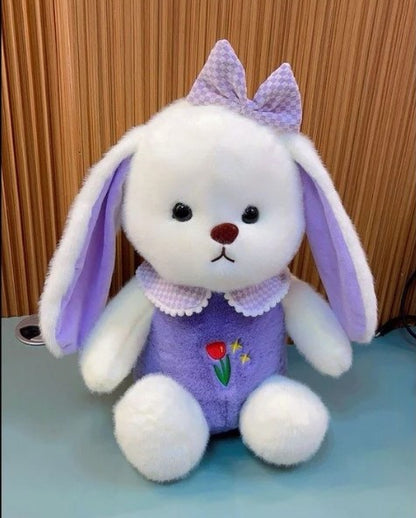 White Plush Bunny Soft Toy, Dress with Tulip Design, 35 cm, Stuffed Animal with Floppy Ears and Ribbon, for Kids