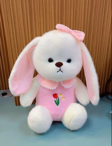 White Plush Bunny Soft Toy, Dress with Tulip Design, 35 cm, Stuffed Animal with Floppy Ears and Ribbon, for Kids