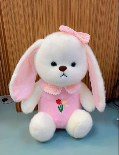 White Plush Bunny Soft Toy, Dress with Tulip Design, 35 cm, Stuffed Animal with Floppy Ears and Ribbon, for Kids