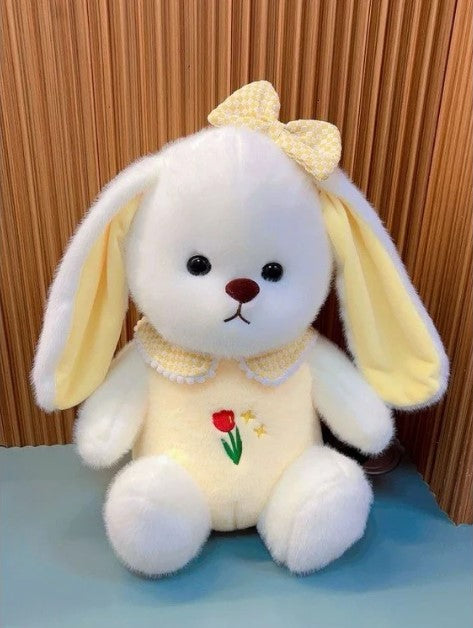 White Plush Bunny Soft Toy, Dress with Tulip Design, 35 cm, Stuffed Animal with Floppy Ears and Ribbon, for Kids