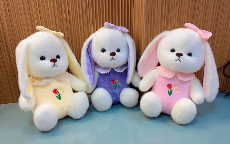 White Plush Bunny Soft Toy, Dress with Tulip Design, 35 cm, Stuffed Animal with Floppy Ears and Ribbon, for Kids
