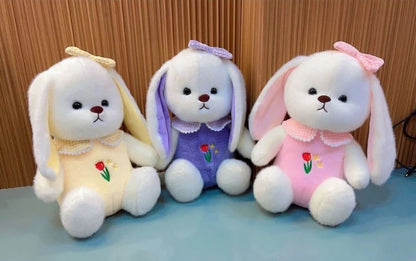 White Plush Bunny Soft Toy, Dress with Tulip Design, 35 cm, Stuffed Animal with Floppy Ears and Ribbon, for Kids